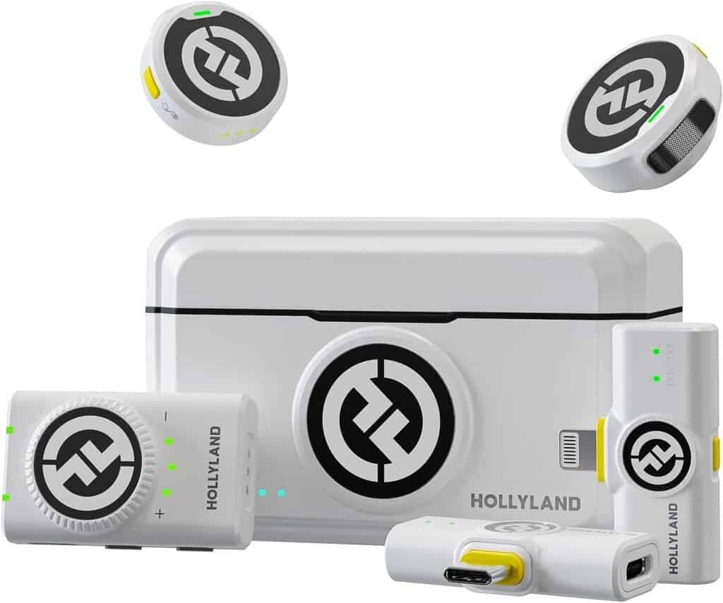 Hollyland Lark M2 wireless microphone system including two clip-on transmitters, a USB-C and Lightning receiver, and a charging case, all in sleek white design with black logo accents.